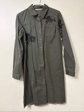 Olive Green Embroidered Long-Sleeve Shirt Dress